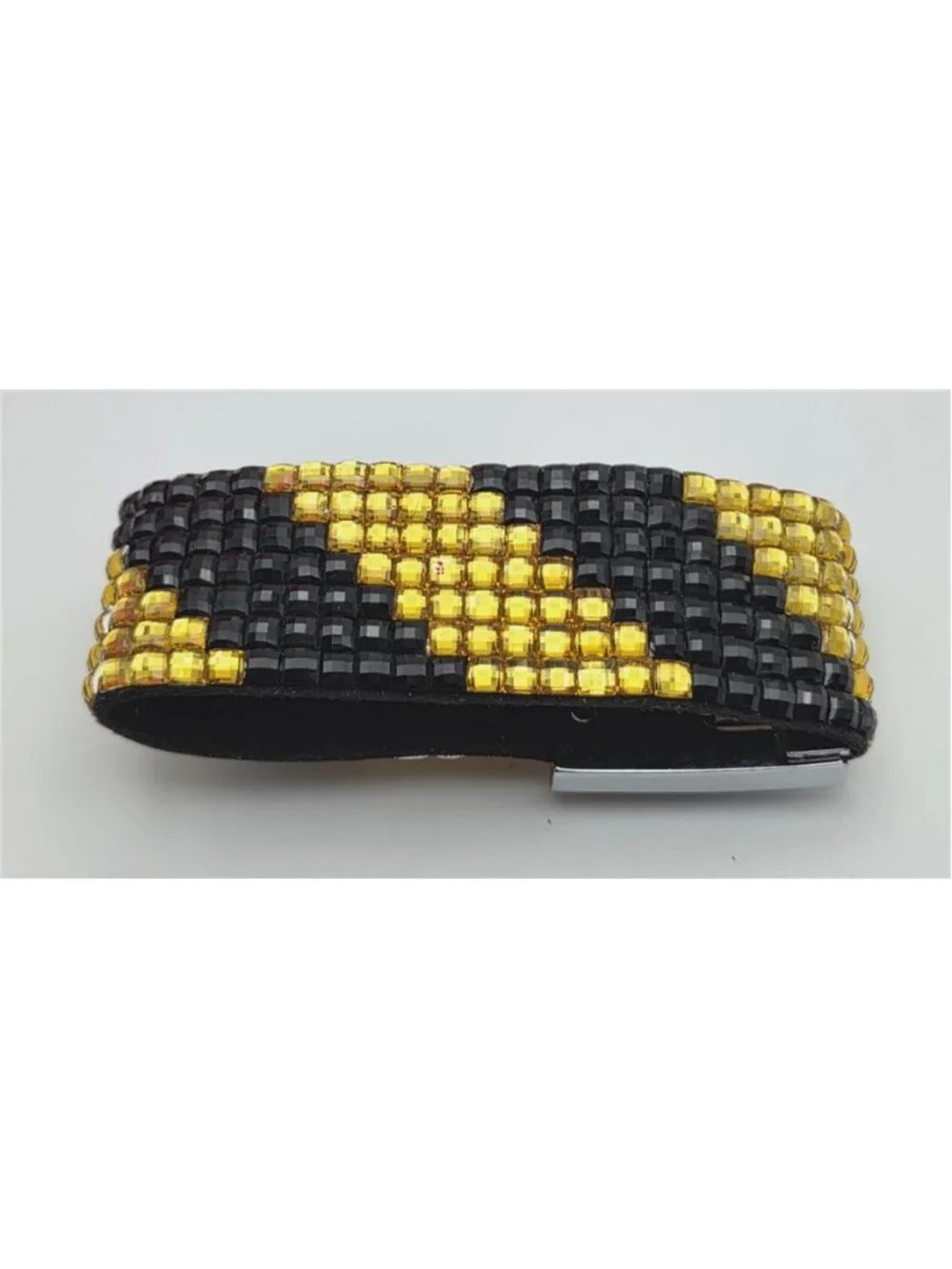 Black Gold Faceted Bead Leather Cuff Bracelet Heart Hook Clasp 6.5 In